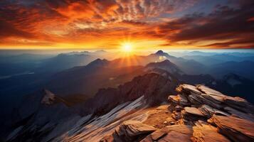 AI generated Mountain Summit Sunset Glory Background photo