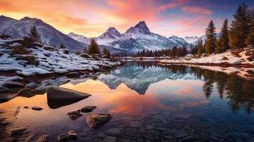 AI generated Mountain Sunset Reflections Background photo