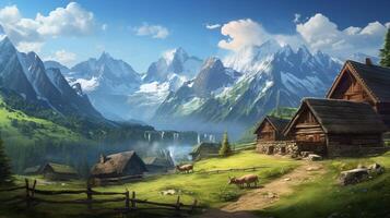 AI generated Mountain Village Background photo