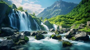 AI generated Mountain Waterfall Background photo