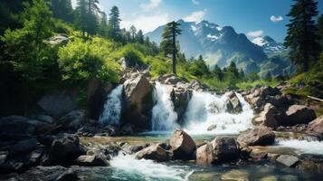 AI generated Mountain Waterfall Background photo