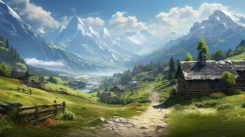 AI generated Mountain Village Background photo