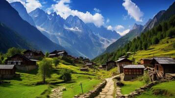 AI generated Mountain Village Background photo