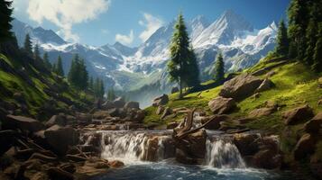 AI generated Mountain Waterfall Background photo