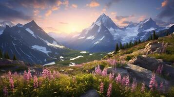 AI generated Mountain Wildflowers Background photo