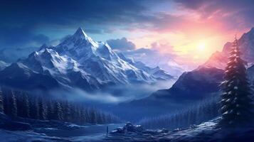 AI generated Mountain Winter Magic Background photo