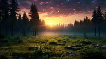 AI generated Mysterious Forest Sunrise Background photo