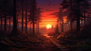AI generated Mysterious Forest Sunset Background photo