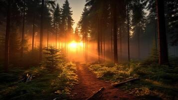 AI generated Mysterious Forest Sunrise Background photo