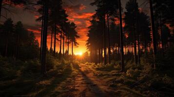 AI generated Mysterious Sunset in the Forest Background photo