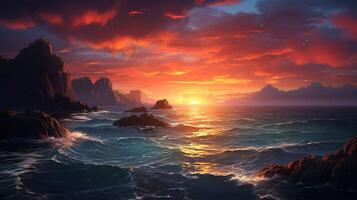 ai generado Oceano puesta de sol paisaje antecedentes foto
