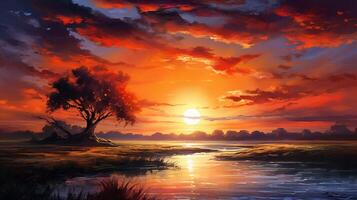 AI generated Oil Painting Sunset Background photo