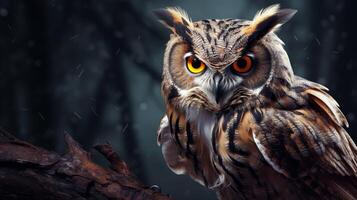 AI generated an owl with bright yellow eyes is shown in this image photo