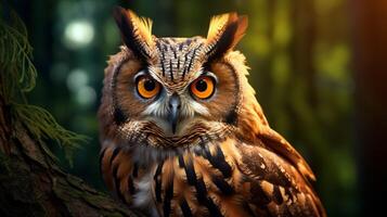 AI generated an owl with bright yellow eyes is shown in this image photo