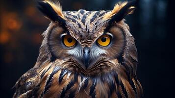 AI generated an owl with bright yellow eyes is shown in this image photo