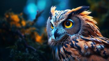 AI generated an owl with bright yellow eyes is shown in this image photo