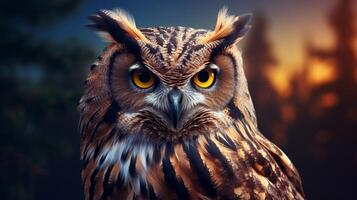 AI generated an owl with bright yellow eyes is shown in this image photo