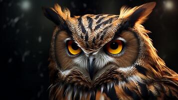 AI generated an owl with bright yellow eyes is shown in this image photo