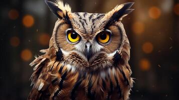 AI generated an owl with bright yellow eyes is shown in this image photo