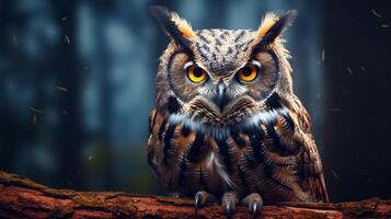 AI generated an owl with bright yellow eyes is shown in this image photo