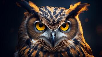 AI generated an owl with bright yellow eyes is shown in this image photo