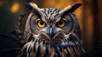 AI generated an owl with bright yellow eyes is shown in this image photo