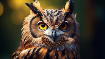 AI generated an owl with bright yellow eyes is shown in this image photo