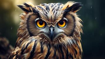 AI generated an owl with bright yellow eyes is shown in this image photo