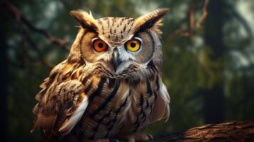 AI generated an owl with bright yellow eyes is shown in this image photo