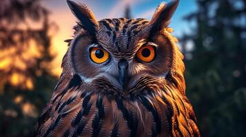 AI generated an owl is sitting on a branch in front of a sunset photo