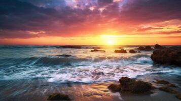 ai generado pacífico playa amanecer antecedentes foto