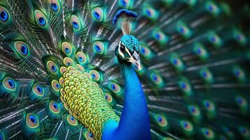 ai generado un pavo real es en pie en el medio de un bosque foto