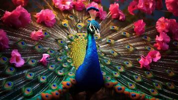 AI generated a peacock is standing in the middle of a forest photo