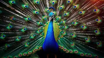 ai generado un pavo real es en pie en el medio de un bosque foto