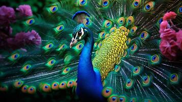 ai generado un pavo real es en pie en el medio de un bosque foto