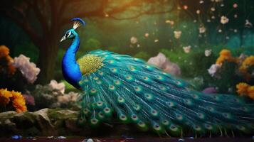 AI generated a peacock is standing in the middle of a forest photo