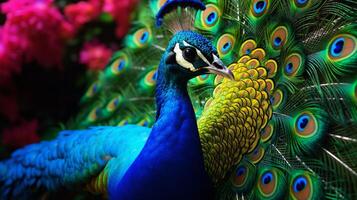 ai generado un pavo real es en pie en el medio de un bosque foto