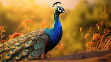 ai generado un pavo real es en pie en el medio de un bosque foto