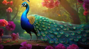 AI generated a peacock is standing in the middle of a forest photo