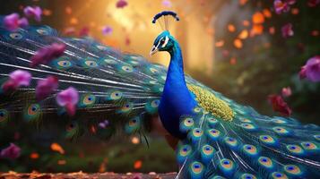 AI generated a peacock is standing in the middle of a forest photo