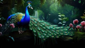 AI generated a peacock is standing in the middle of a forest photo