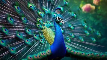 AI generated a peacock is standing in the middle of a forest photo