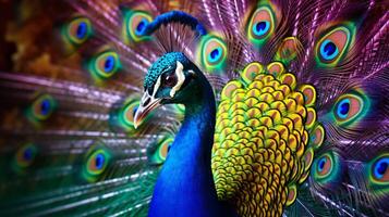 ai generado un pavo real es mostrando sus plumas foto