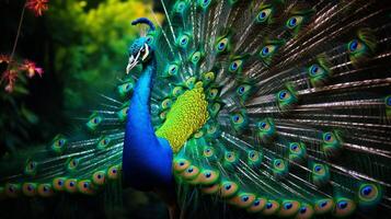 AI generated a peacock is standing in the middle of a forest photo