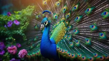 ai generado un pavo real es mostrando sus plumas foto