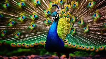 ai generado un pavo real es mostrando sus plumas foto