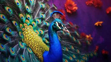 ai generado un pavo real es mostrando sus plumas foto