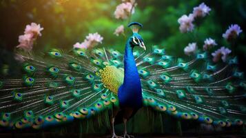 ai generado un pavo real es mostrando sus plumas foto