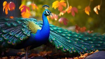 AI generated a peacock is standing in front of flowers photo