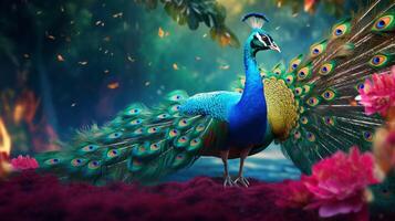 AI generated a peacock is standing in front of flowers photo